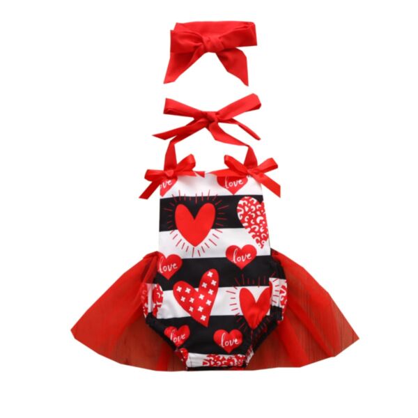 0-18M Baby Girls Valentine's Day Red Mesh Letter Print Bodysuit & Headband Wholesale Baby Clothing KJV387642