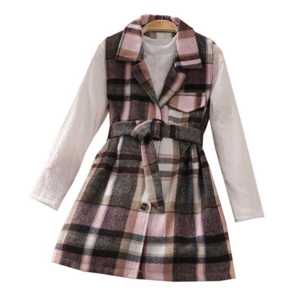 7-12Y Big Kids Girls White Long Sleeve Tops And Plaid Vest Jacket Coats Wholesale Clothing Kidswear KSV387522