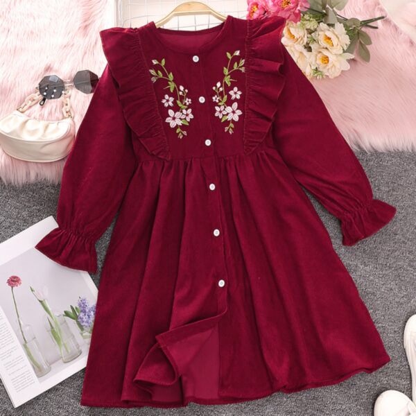 7-12Y Kids Girls Single-Breasted Floral Embroidered Ruffle Flared Sleeve Dress Wholesale Kids Clothes KDV591175