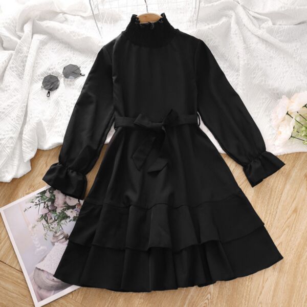 7-12Y Kids Girl Long Sleeve Solid Color High Neck Pleated Dress With Belt Wholesale Kid Clothing KDV591176