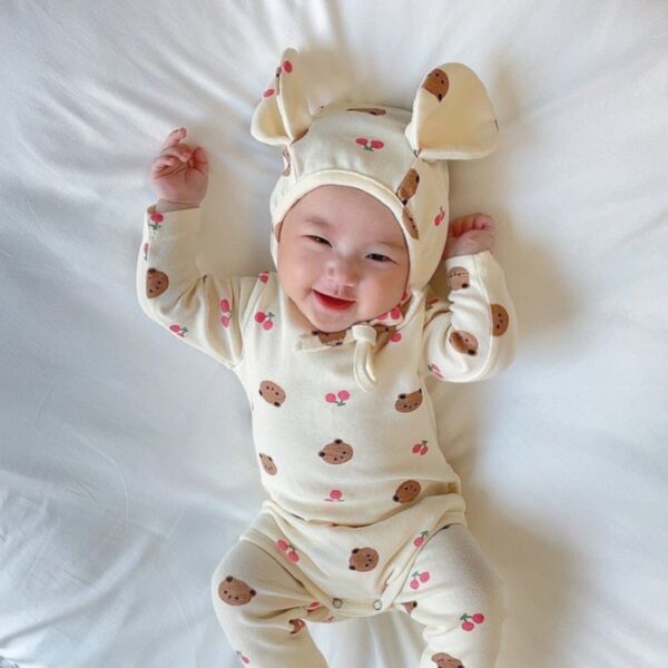 0-18M Cartoon Bear And Cherry Print Long Sleeve Jumpsuit And Pants And Hearwear Baby Wholesale Clothing KKHQV492219