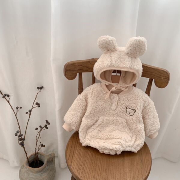 0-18M Bear Print Fleece Plush Romper With Ear Hat Baby Wholesale Clothing KKHQV492220