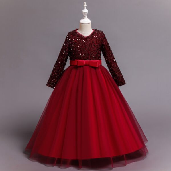 4-12Y Mesh Shiny Piece Wedding Long Sleeve Pleated Skirt Princess Dress Wholesale Kids Boutique Clothing KTV492107