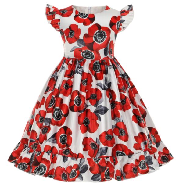 9-10Y Red Flower Print Flying Sleeve Pleated Skirt Princess Dress Wholesale Kids Boutique Clothing KKHQV492110