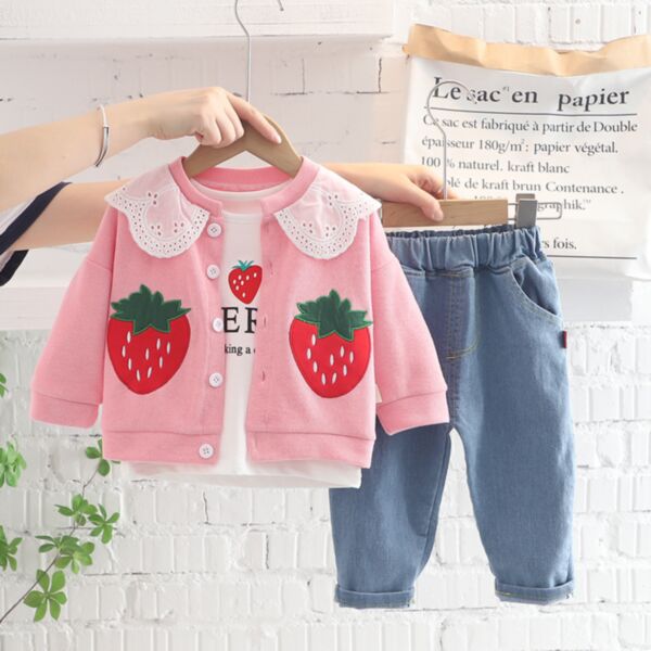 9M-4Y Big Strawberry Print Coat and Tops And Blue Pants Set Wholesale Kids Boutique Clothing KKHQV492116