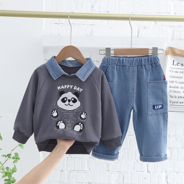 9M-4Y Long Sleeve Polo Shirt Bear And Panda Print Tops And Jeans Set Two Pieces Baby Wholesale Clothing KSV492221
