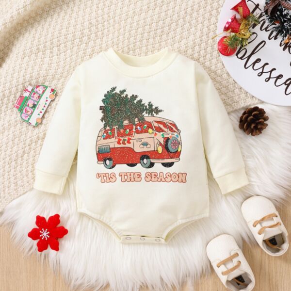3-24M Christmas Tree Round Neck Car Print White Romper Onesies Baby Wholesale Clothing KJV492124