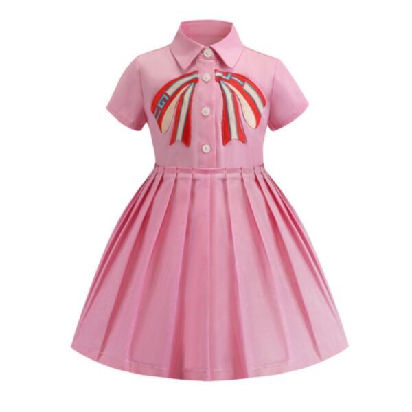 3-8Y Bowknot Print Cotton Short Sleeve Pink Dress Wholesale Kids Boutique Clothing KKHQV492100