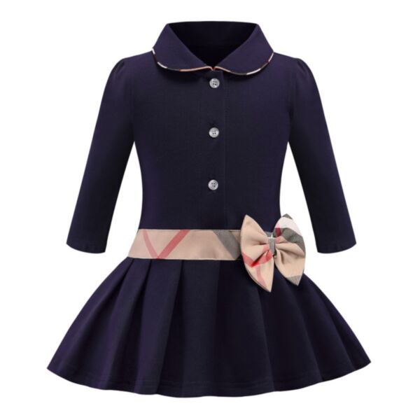 2-8Y Long Sleeve Cotton Colorblock Bowknot Waistbelt Dress Wholesale Kids Boutique Clothing KKHQV492102