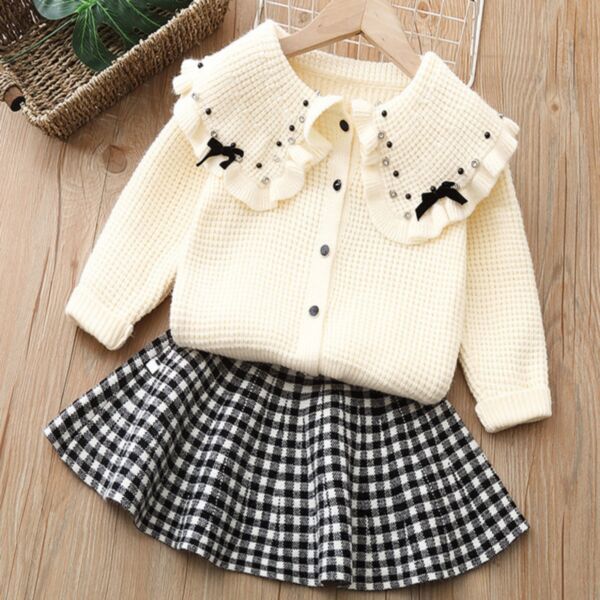 18M-6Y Toddler Girl Sets Long-Sleeved Lapel Pearl Cardigan Top And Plaid A-Line Skirt Wholesale Girls Clothes KSV591177