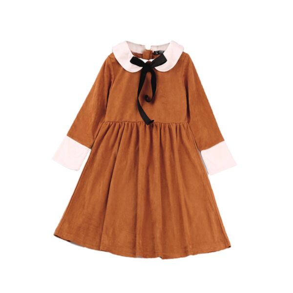 18M-4Y Toddler Girl Color Combination Bow Tie Lapel Collar Long Sleeve Dress Fashion Girl Wholesale KDV591180