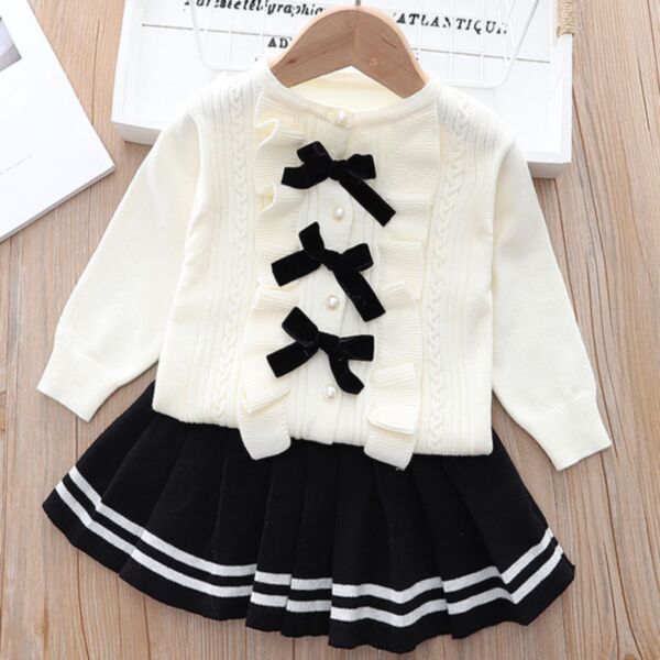 18M-6Y Toddler Girl Sets Long Sleeve Ribbed Ruffle Bow Round Neck Top And Striped Pleated Skirt Wholesale Little Girl Clothing KSV591187