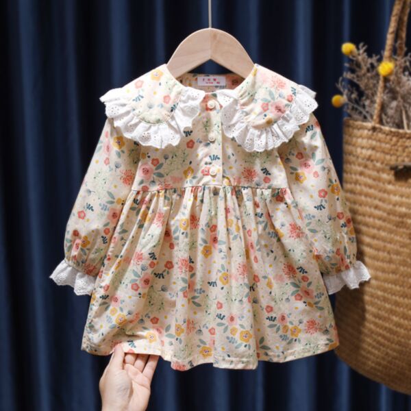 9M-6Y Toddler Girl Floral Print Ruffle Lapel Long Sleeve Dress Wholesale Girls Fashion Clothes KDV591155