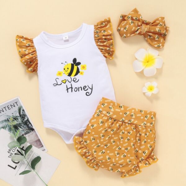 9M-3Y Short Flying Sleeve Bee Sunflower Print And Shorts Set Baby Wholesale Clothing KSV492201