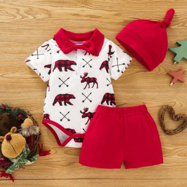 9M-3Y Bowknot Animal Print Romper And Red Shorts Set Two Pieces Baby Wholesale Clothing KSV492202