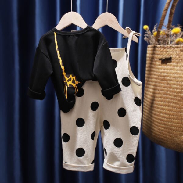 9M-6Y Toddler Girl Sets Long-Sleeved Cartoon Giraffe Print Round Neck Top And Polka Dot Suspender Jumpsuit Wholesale Girls Fashion Clothes KSV591156