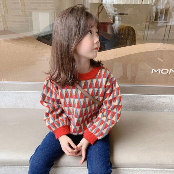 9M-6Y Thicken Red Plaid Long Sleeve Round Neck Sweater Wholesale Kids Boutique Clothing
