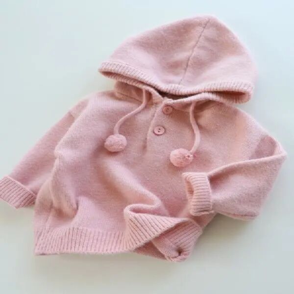 9M-7Y Pullover Pink Button Solid Color Sweater Hoodie With Furball Wholesale Kids Boutique Clothing