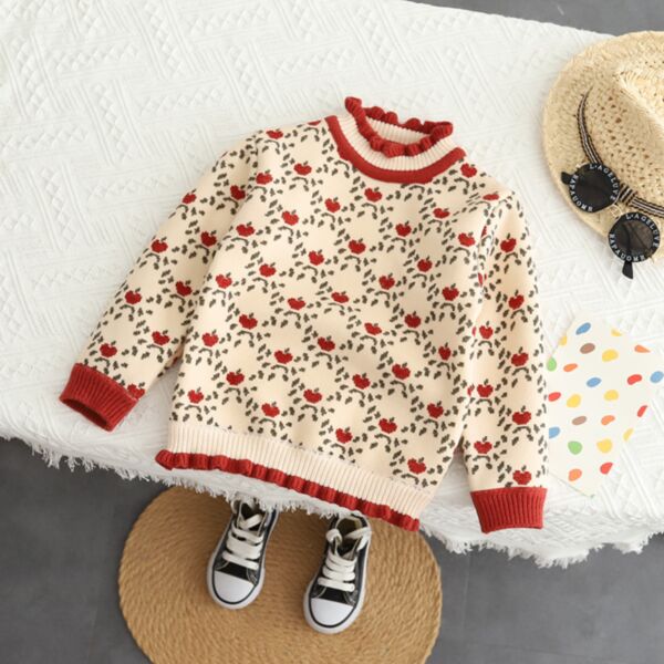 18M-7Y Small Apple Print Knitwear Lotus Collar Long Sleeve Pullover Sweater Wholesale Kids Boutique Clothing KTV492162