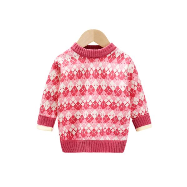 18M-7Y Knitwear Thicken Fleece Rhombus Plaid Print Pink Sweater Wholesale Kids Boutique Clothing