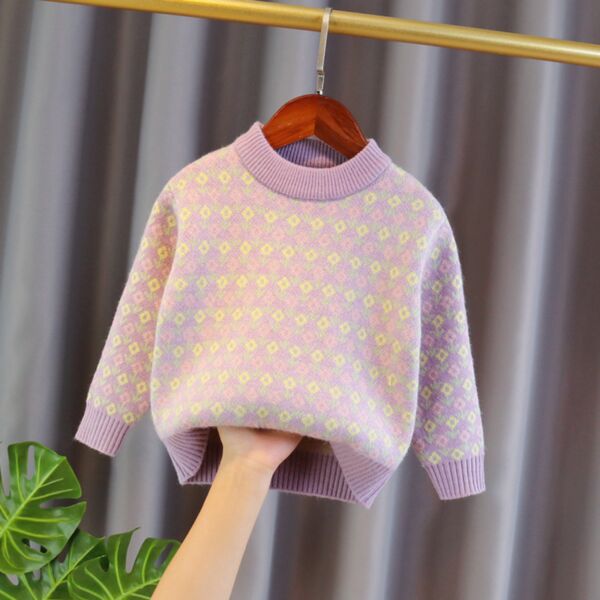 18M-7Y Fleece Thicken Knitwear Round Neck Purple Sweater Wholesale Kids Boutique Clothing