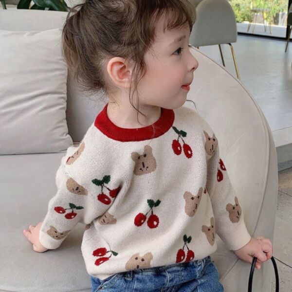 18M -6Y Fleece Bear And Strawberry Print Long Sleeve Sweater Wholesale Kids Boutique Clothing