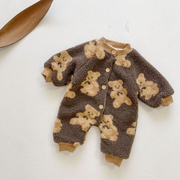 0-18M Bear Print Fleece Long Sleeve Jumpsuit Romper Baby Wholesale Clothing