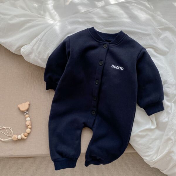 0-18M Fleece Solid Color Long Sleeve Button Round Neck Romper Jumpsuit Baby Wholesale Clothing