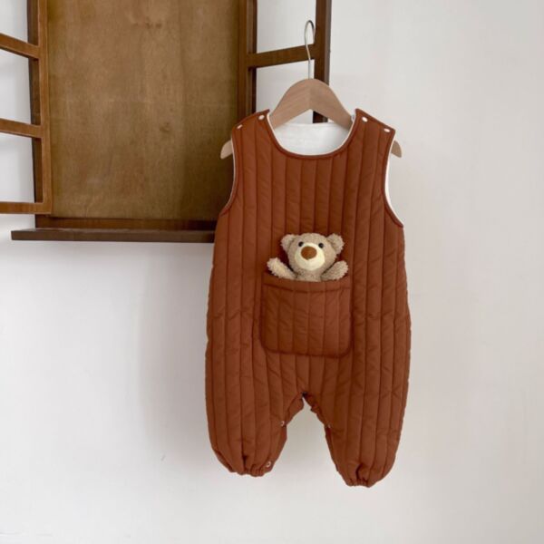 0-18M Cotton Padded Solid Color Bear Print Texture Sleeveless Romper Jumpsuit Baby Wholesale Clothing