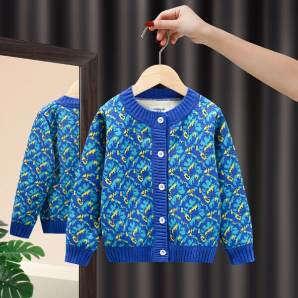 18M-10Y Blue Floral Print Sweater Cardigan Fleece Coat Wholesale Kids Boutique Clothing KTV492150