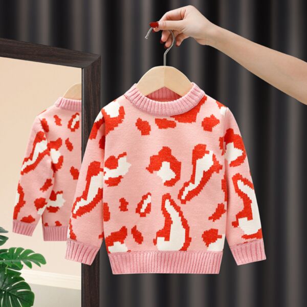 18M-7Y Pullover Thicken Red And Pink Print Round Neck Warm Sweater Wholesale Kids Boutique Clothing KTV492149