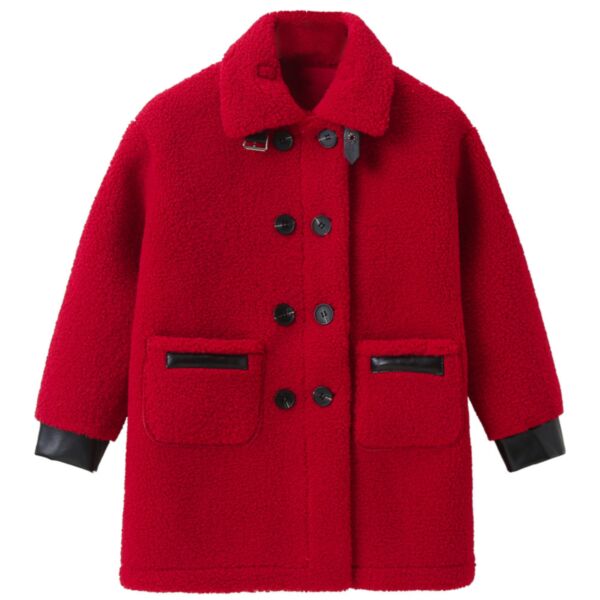4-12Y Lamb Fleece Long Style Red Double Breasted Thicken Coat Jacket Wholesale Kids Boutique Clothing KKHQV492200