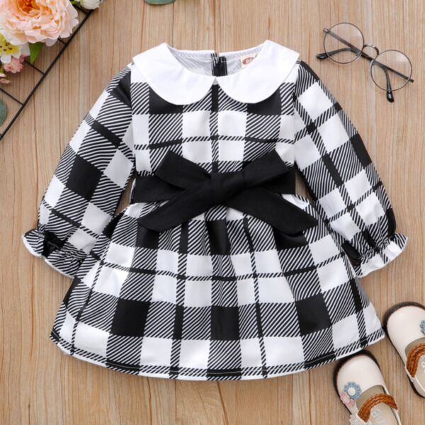 3-24M Plaid Long Sleeve Wide Collar Bowknot Belt Dress Baby Wholesale Clothing KDV492197