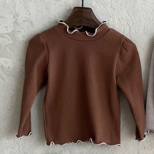 3-18M Baby Girl Long-Sleeved Solid Color Wood Ear Hem Half High Neck Top Wholesale Baby Clothing KTV591210