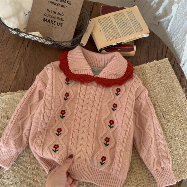 18M-6Y Toddler Girl Long-Sleeved Floral Embroidered Ribbed Lapel Sweater Fashion Girl Wholesale KTV591292