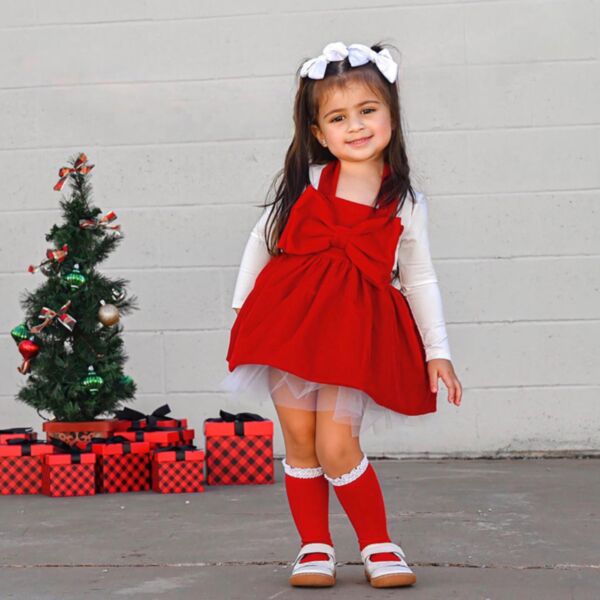 18M-7Y Toddler Girls Christmas Bow Halterneck Mesh Dress Wholesale Girls Clothes KSV387647