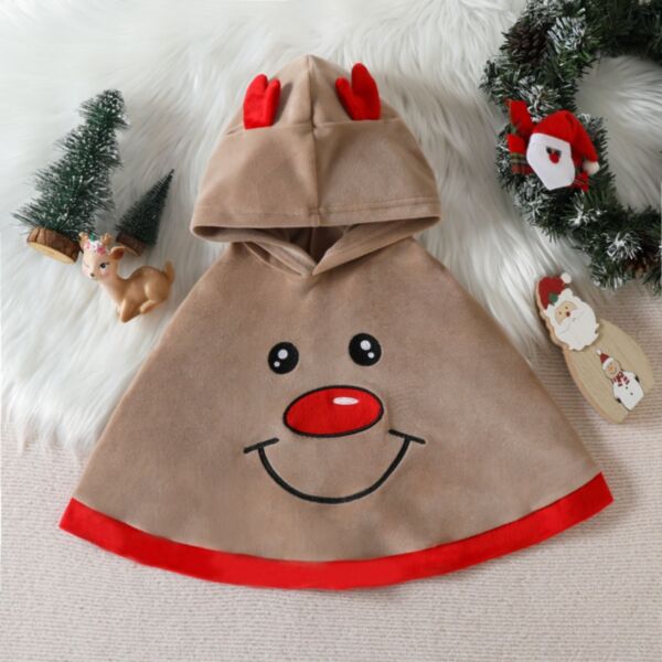 9M-4Y Christmas Deer Face Print Brown Cloak With Hat Baby Wholesale Clothing KCV492193