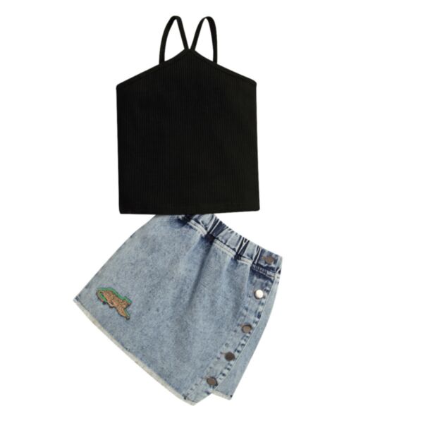 18M-6Y Black Suspender Vest Tops And Leopard Print Blue Denim Skirt Wholesale Kids Boutique Clothing KSV492188