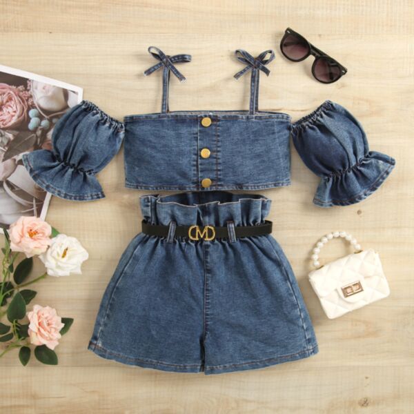 18M-6Y Single Breasted Blue Suspender Tops And Shorts Denim Set Two Pieces Wholesale Kids Boutique Clothing KSV4921871