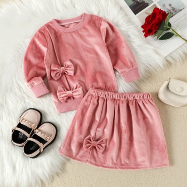 18M-6Y Gold Velvet Fleece Solid Color Long Sleeve Pullover And Skirt Set Two Pieces Wholesale Kids Boutique Clothing KSV492184