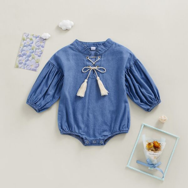 0-18M Puff Sleeve Blue Long Sleeve Onesies Romper With String Baby Wholesale Clothing KJV492135