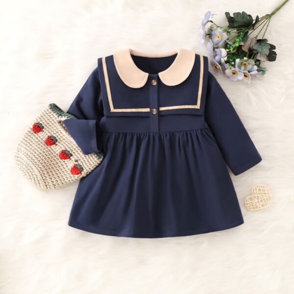 3-24M Colorblock Deepblue Pleated Skirt Long Sleeve Dress Baby Wholesale Clothing KDV492228