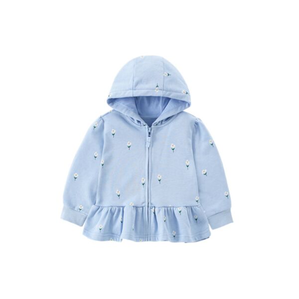 18M-7Y Toddler Girl Long Sleeve Solid Color Floral Print Ruffle Hem Zipper Hooded Jacket Wholesale Girls Fashion Clothes KCV591326