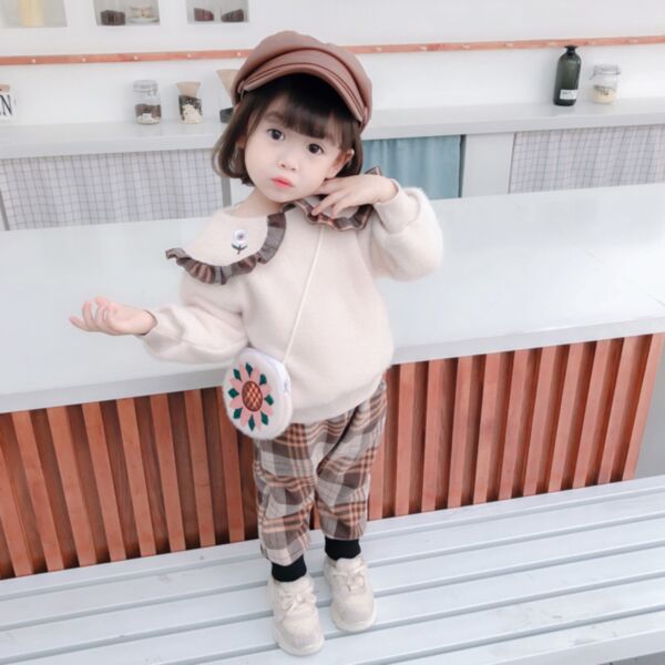 9M-4Y Solid Color Wide Lace Collar Flower Print Long Sleeve Pullover And Plaid Pants Set Wholesale Kids Boutique Clothing KKHQV491538
