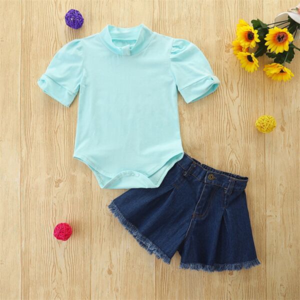 3-24M Short Sleeve Blue Romper And Denim Shorts Baby Wholesale Clothing KSV491533