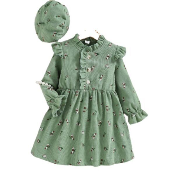 3-7Y Toddler Girl Long Sleeve Floral Print Ruffle Round Neck Dress And Hat Girl Wholesale Boutique Clothing KJV591379