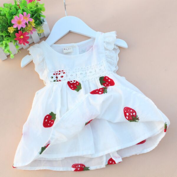 9M-3Y Baby Girl Strawberry Print Floral Embroidered Fly Sleeve Dress Wholesale Baby Boutique Clothing KDV591302