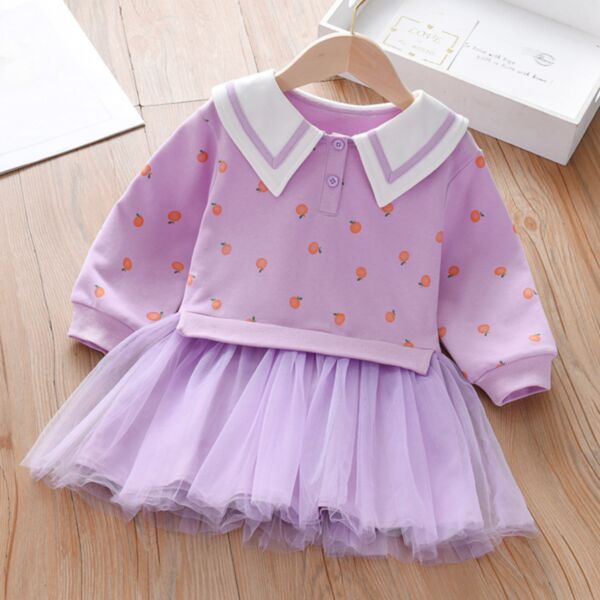 18M-4Y Toddler Girl Long-Sleeved Orange Print Polo Collar Splicing Mesh Princess Dress Wholesale Girls Clothes KDV591269