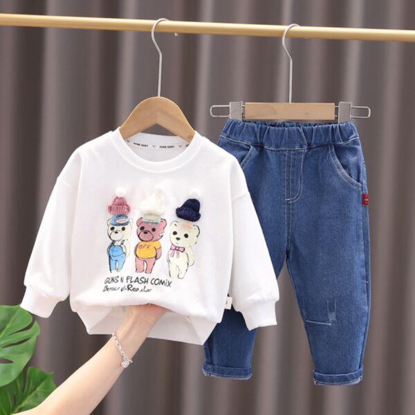 9M-4Y Toddler Boy Sets Cartoon Three Bears Printed Long-Sleeved Top And Jeans Wholesale Boys Boutique Clothing KSV591328