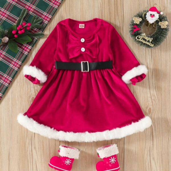 18M-6Y Christmas Fleece Red Plush Long Sleeve Dress Wholesale Kids Boutique Clothing KDV492246
